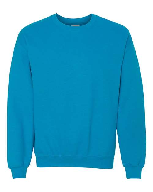 Teal blue crewneck sweatshirt with ribbed collar, cuffs, and hem