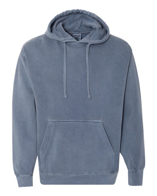 Steel blue hooded sweatshirt with drawstring hood and front pouch pocket