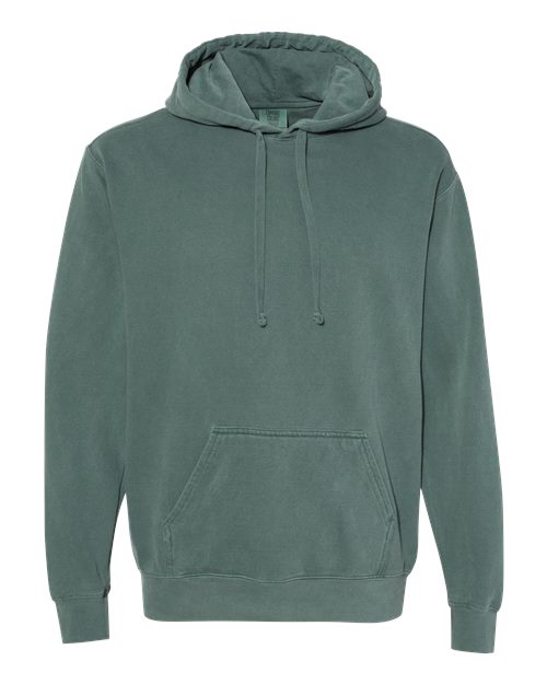Deep green hooded sweatshirt with drawstring hood and front pouch pocket