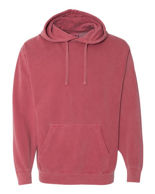 Red hooded sweatshirt with drawstring hood and front pouch pocket