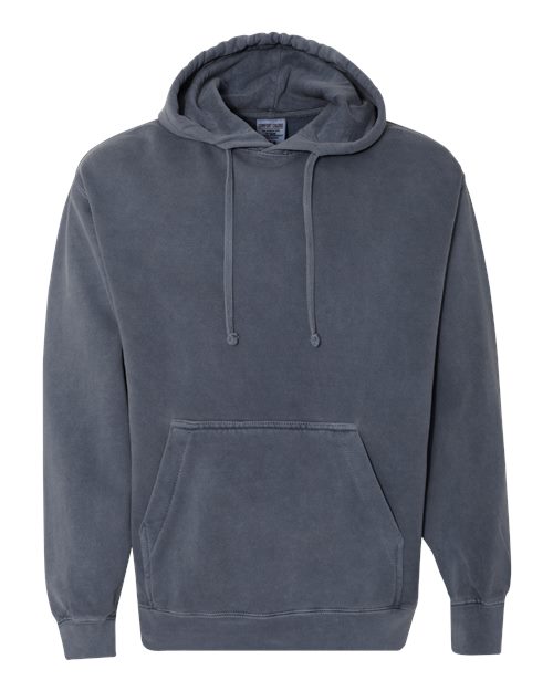 Charcoal gray hooded sweatshirt with drawstring hood and front pouch pocket