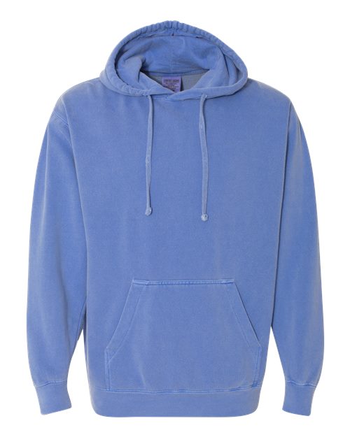 Light blue hooded sweatshirt with drawstring hood and front pouch pocket