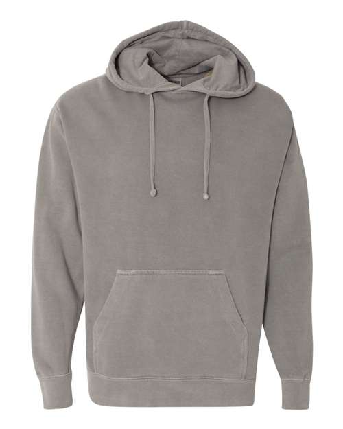 Grey hooded sweatshirt with drawstring hood and front kangaroo pocket