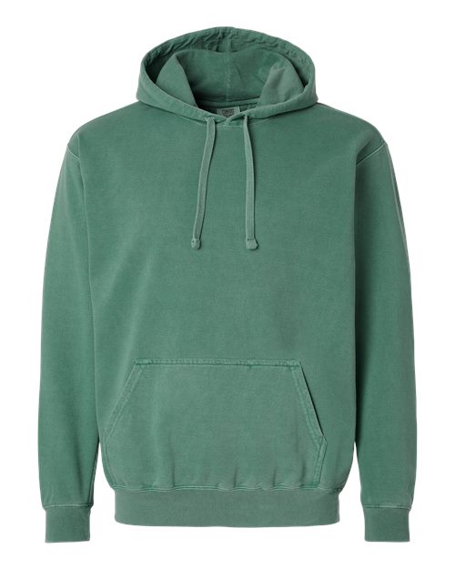 Green hooded sweatshirt with drawstring hood and front pouch pocket