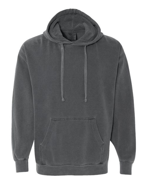 Dark gray hooded sweatshirt with drawstring hood and front kangaroo pocket