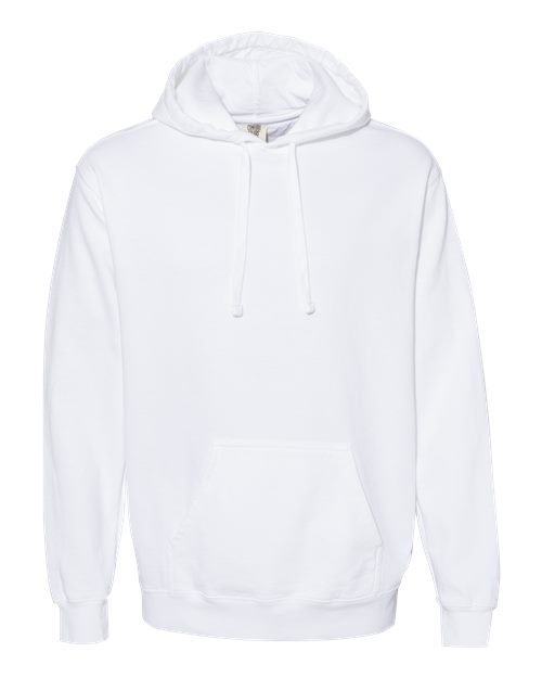 White hooded sweatshirt with front kangaroo pocket and adjustable drawstring ties