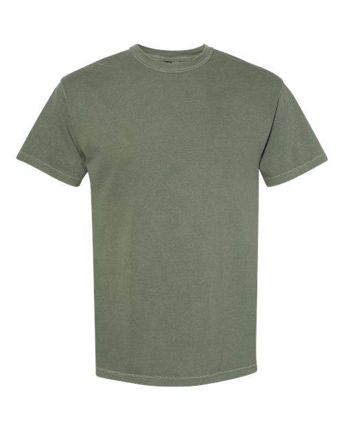 Olive green heavyweight crew-neck T-shirt with short sleeves, plain front.