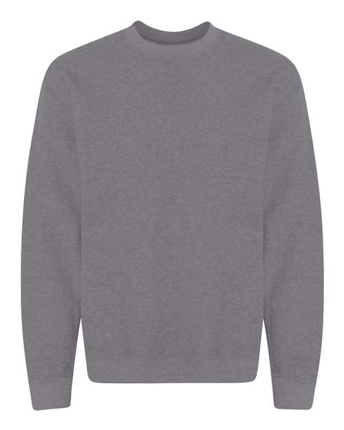 Gray crewneck sweatshirt with ribbed crew neck and cuffs.