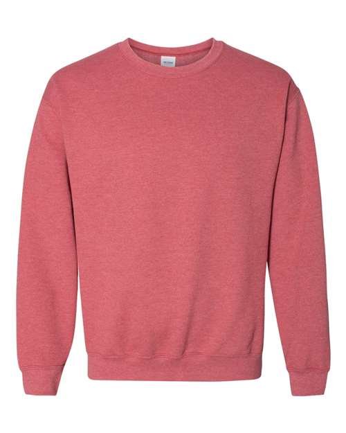 Heathered red crewneck sweatshirt with ribbed crew neck and cuffs.