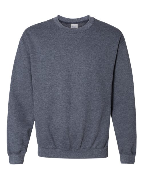 Heathered navy-gray crewneck sweatshirt with ribbed crew neck and cuffs.