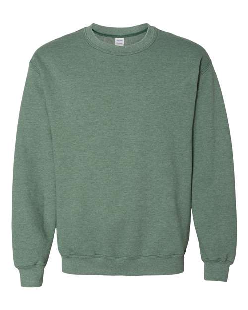 Heathered green crewneck sweatshirt with ribbed crew neck and cuffs.