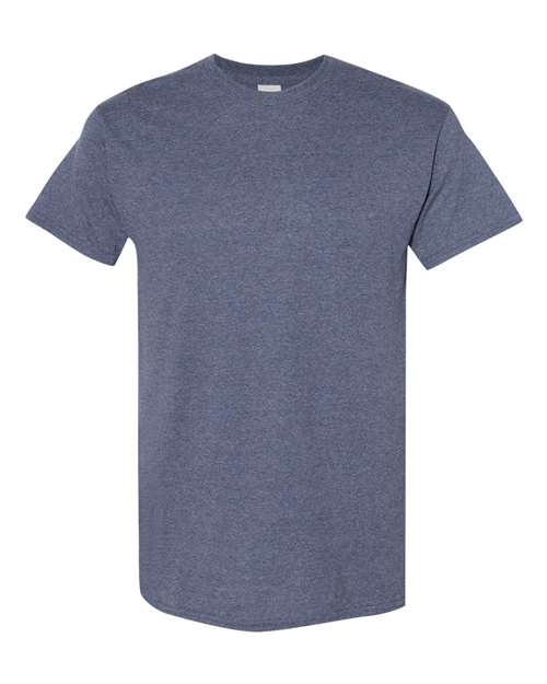 Gildan Heavy Cotton T-shirt in heather navy, crew neck, short sleeves.
