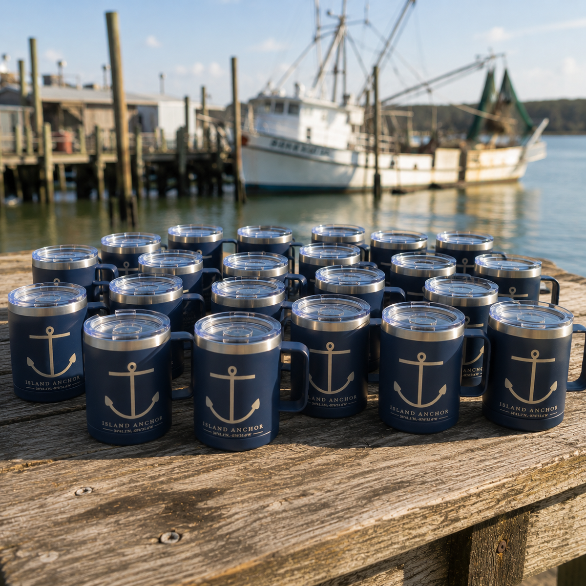 Navy blue mugs with anchor design on a wooden surface by a marina.