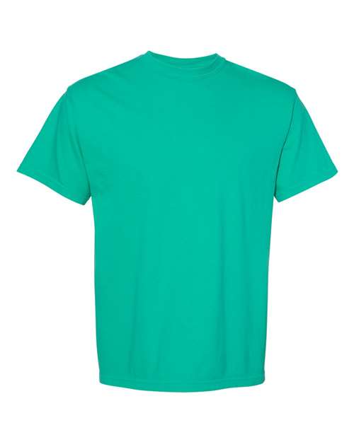 Green heavyweight crew-neck T-shirt with short sleeves, plain front.
