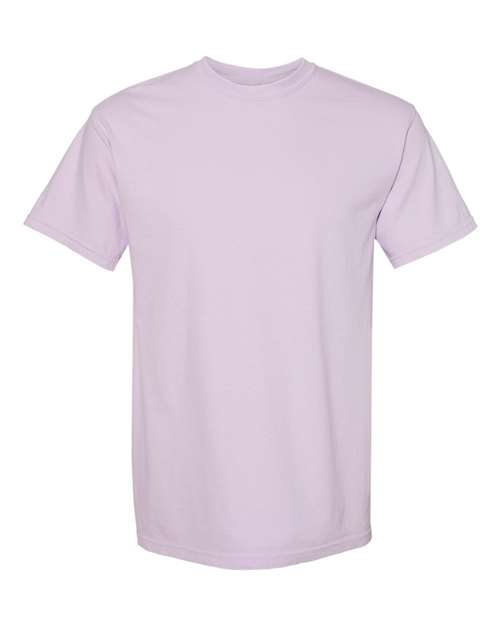 Crewneck T-shirt in pale lavender, short sleeves, ribbed crew collar.