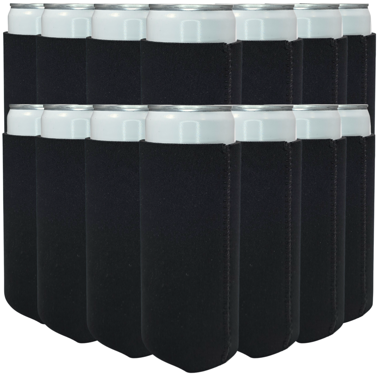 Black slim neoprene can cooler with stitched side seam and light top rim