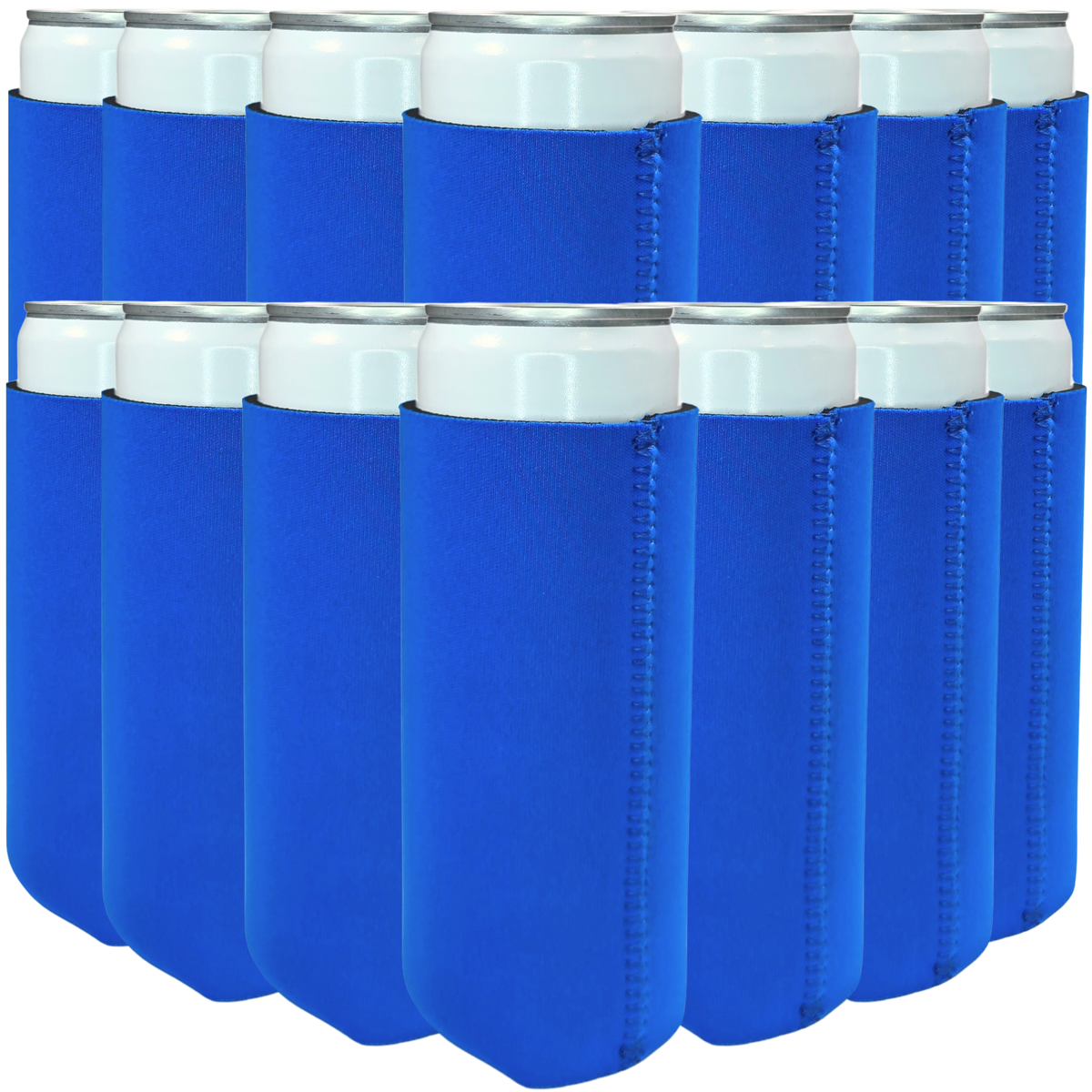Royal blue slim neoprene can cooler with stitched side seam and light top rim