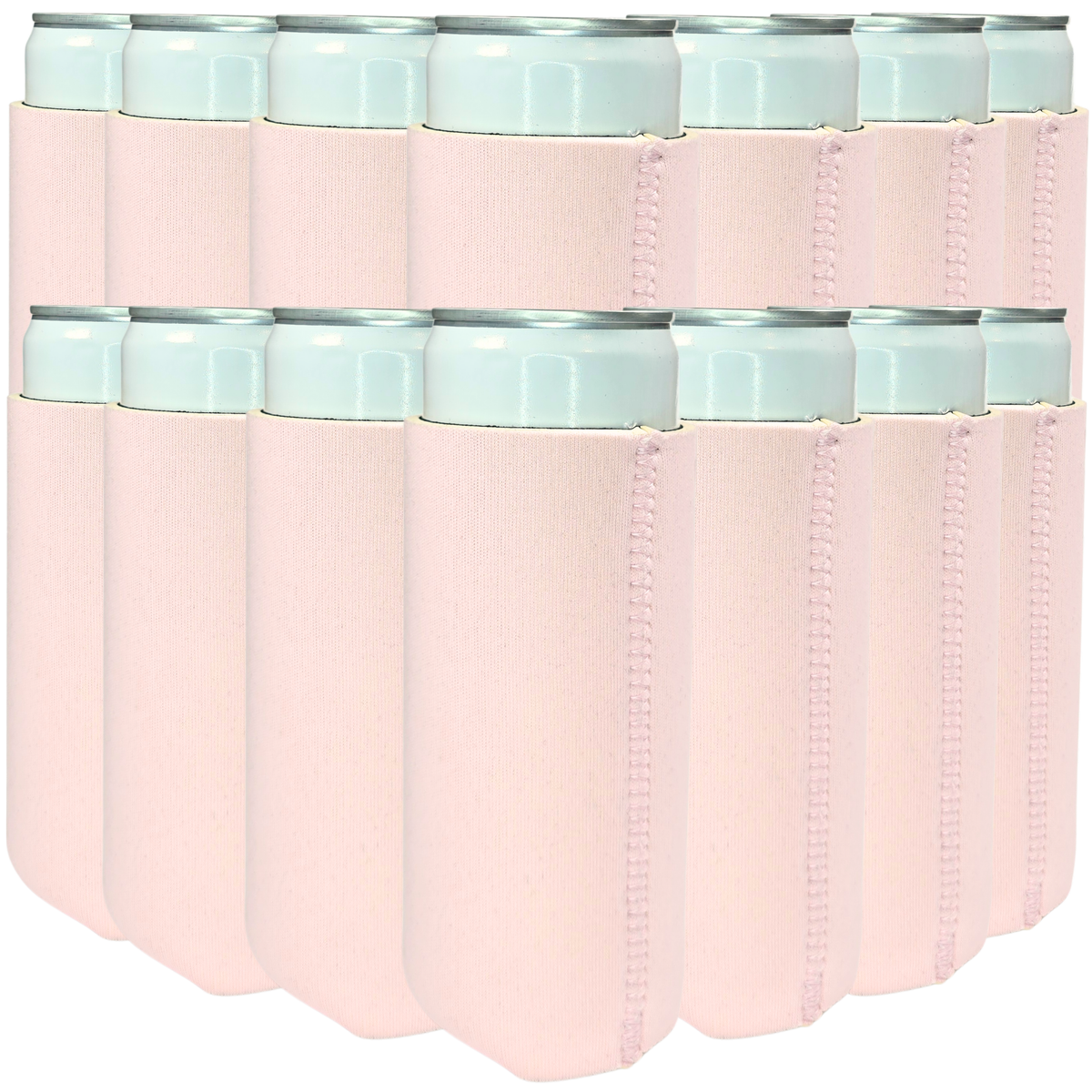 Blush pink slim neoprene can cooler with stitched side seam and light top rim