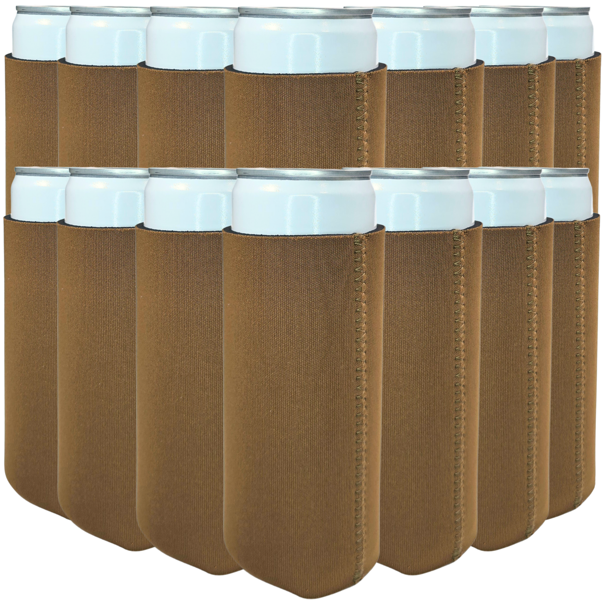 Brown slim neoprene can cooler with stitched side seam and light top rim