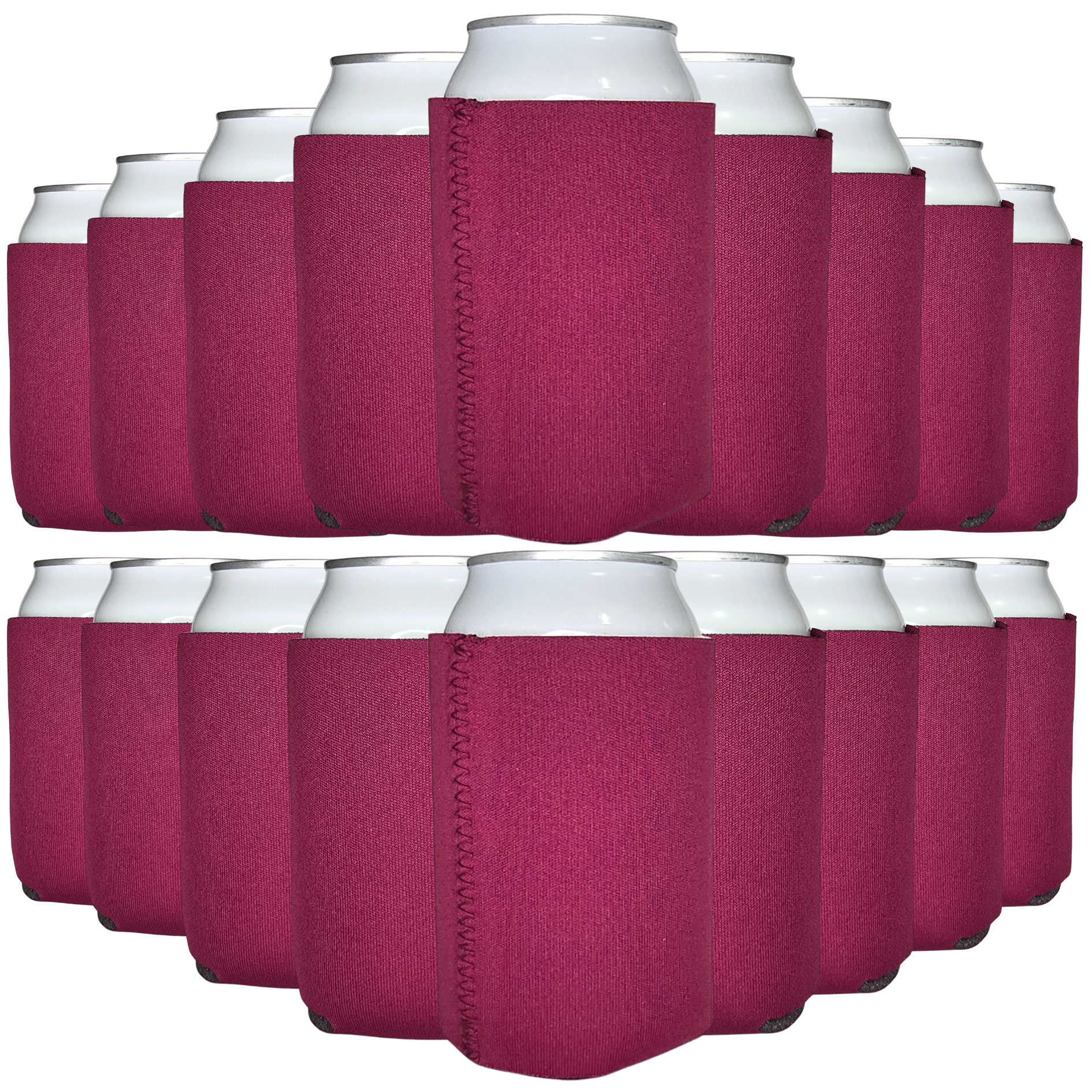 Burgundy pink neoprene can coolers with stitched sleeve, set of standard-size holders
