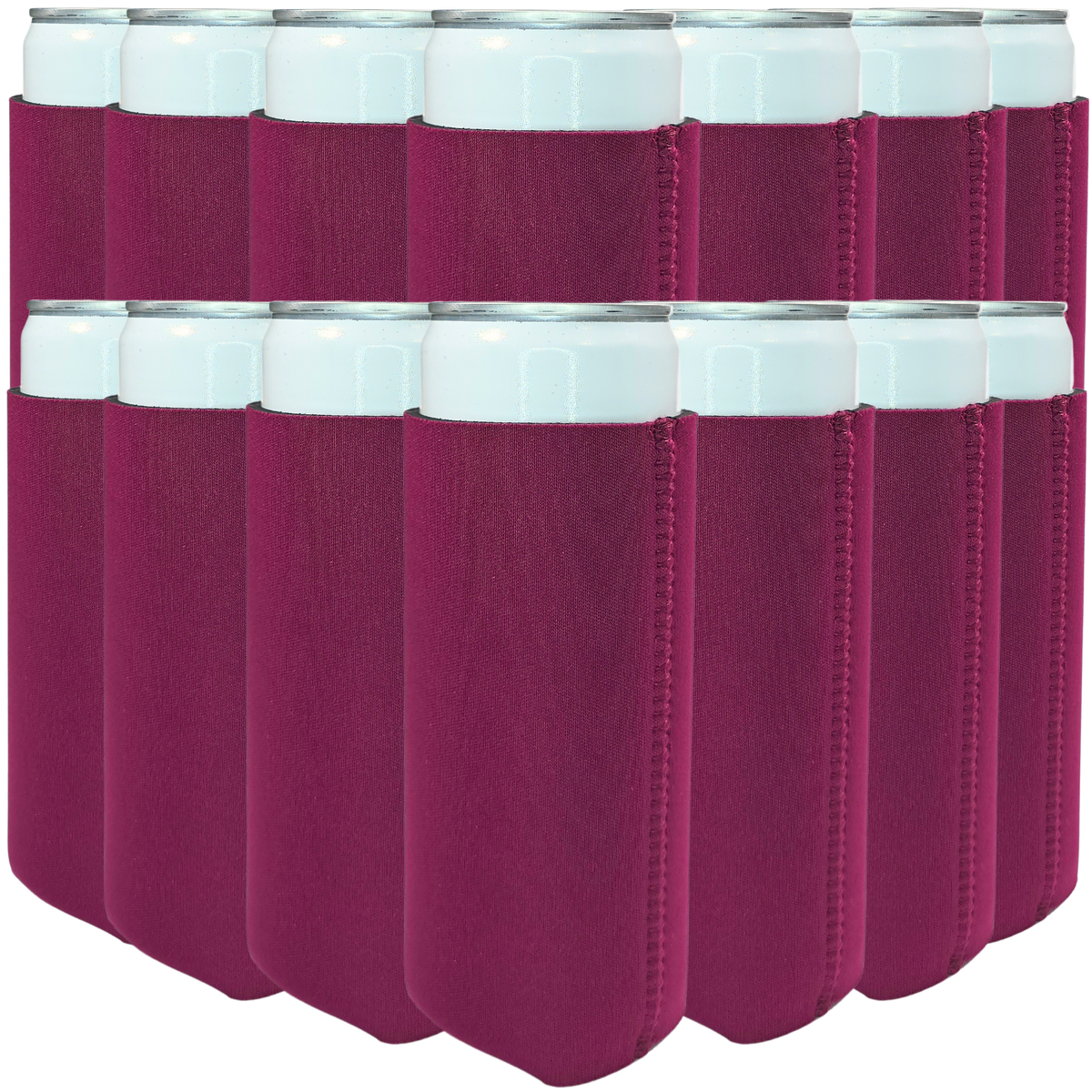 Burgundy slim neoprene can cooler with stitched side seam and light top rim