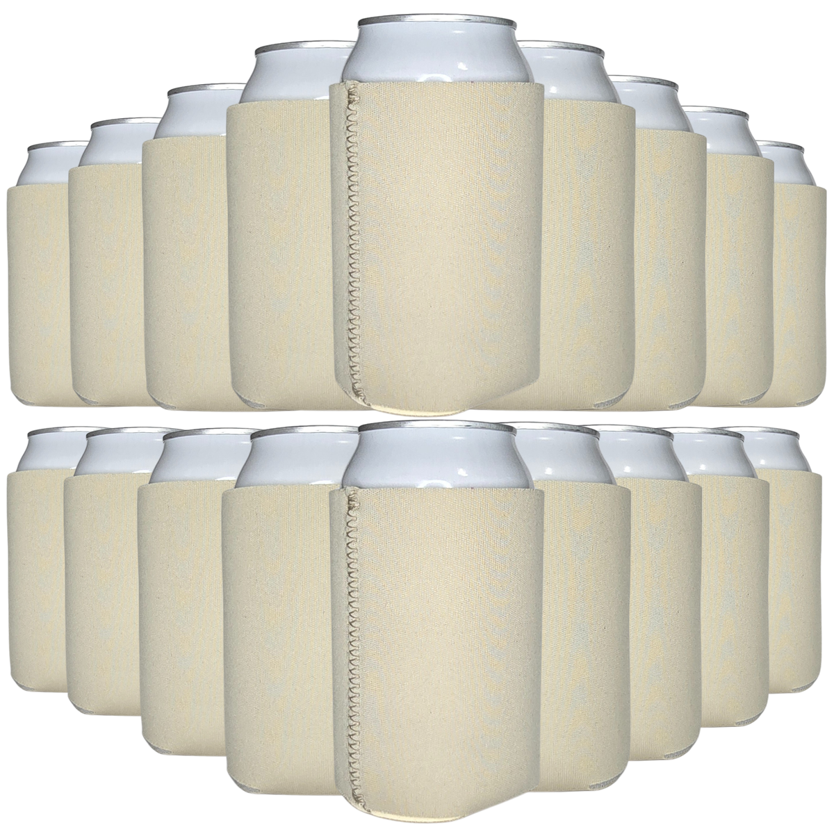 Cream/off-white neoprene can coolers with stitched side sleeve, holding silver cans (pack)
