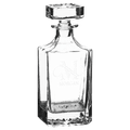 Clear square glass decanter with faceted base and embossed 'MORGAN' label