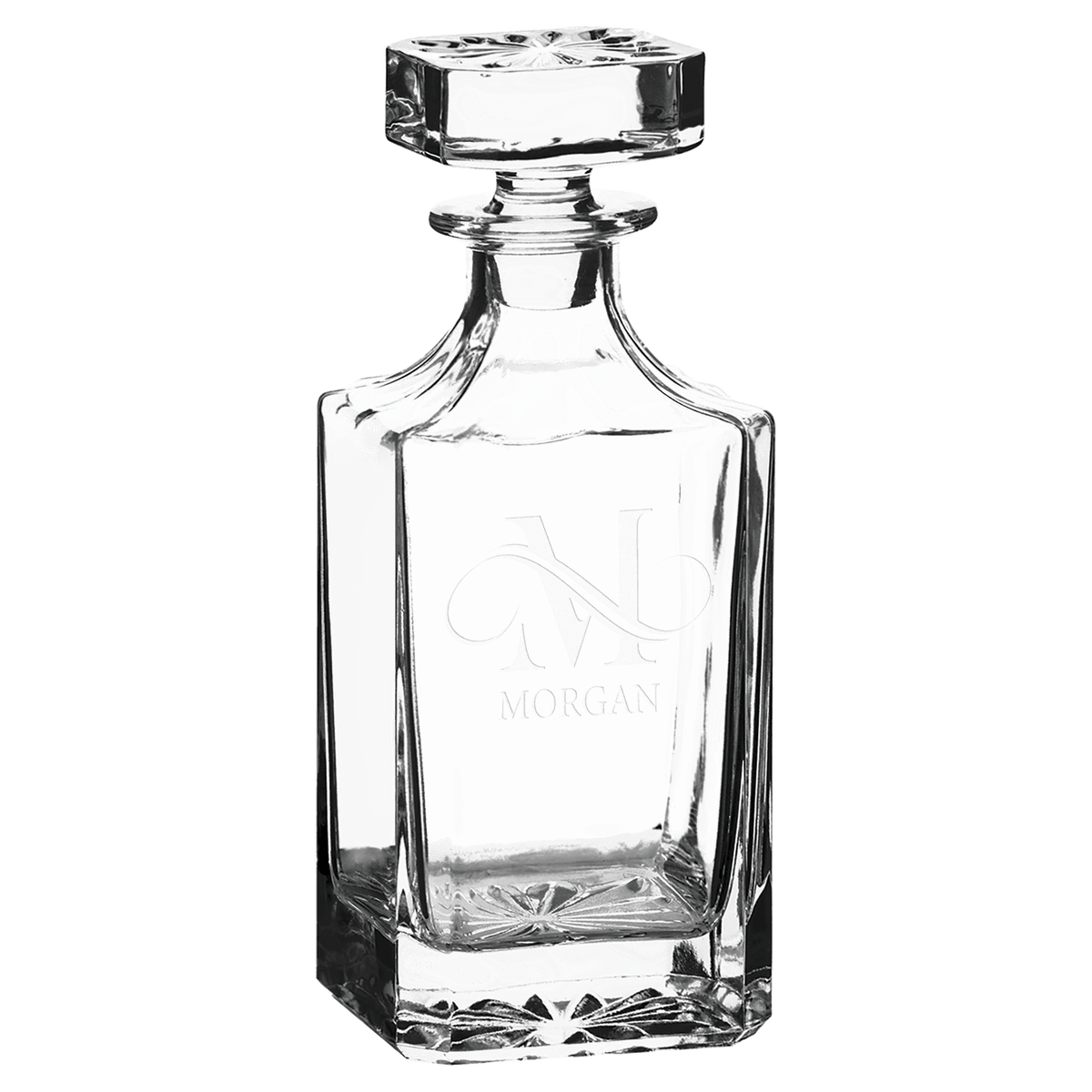 Clear square glass decanter with faceted base and embossed 'MORGAN' label