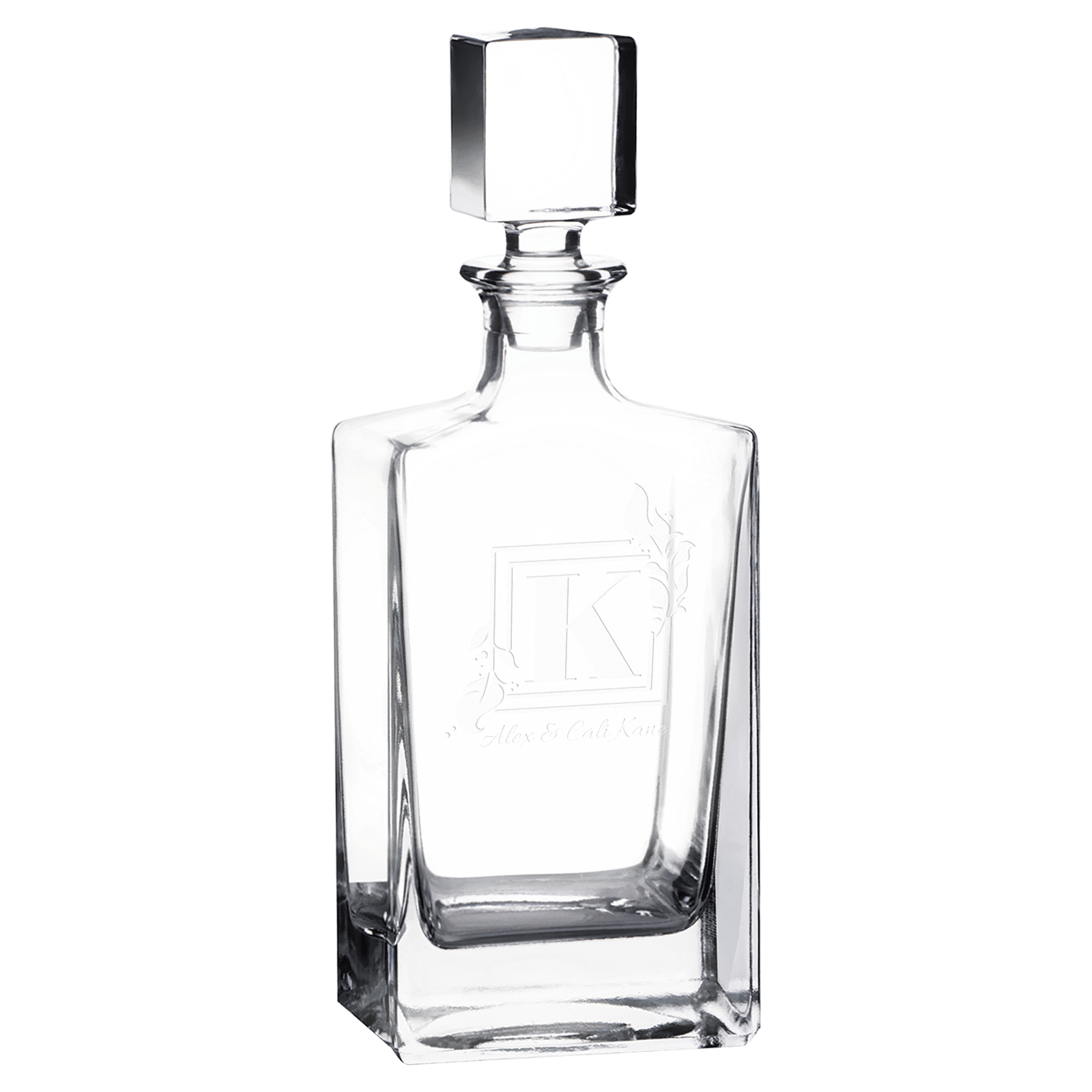 810ml clear rectangle glass decanter with cube stopper and printed emblem on front