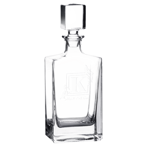 810ml clear rectangle glass decanter with cube stopper and printed emblem on front