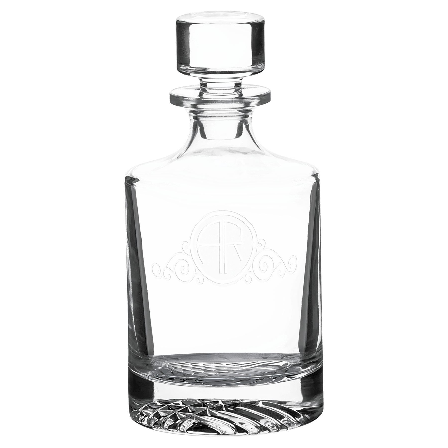 850ml round glass decanter with printed monogram, glass stopper and faceted base