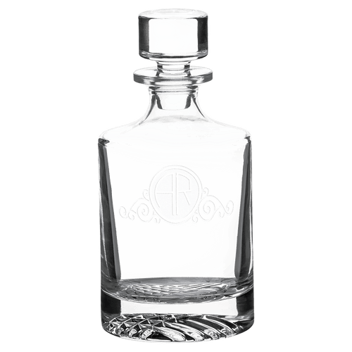 850ml round glass decanter with printed monogram, glass stopper and faceted base