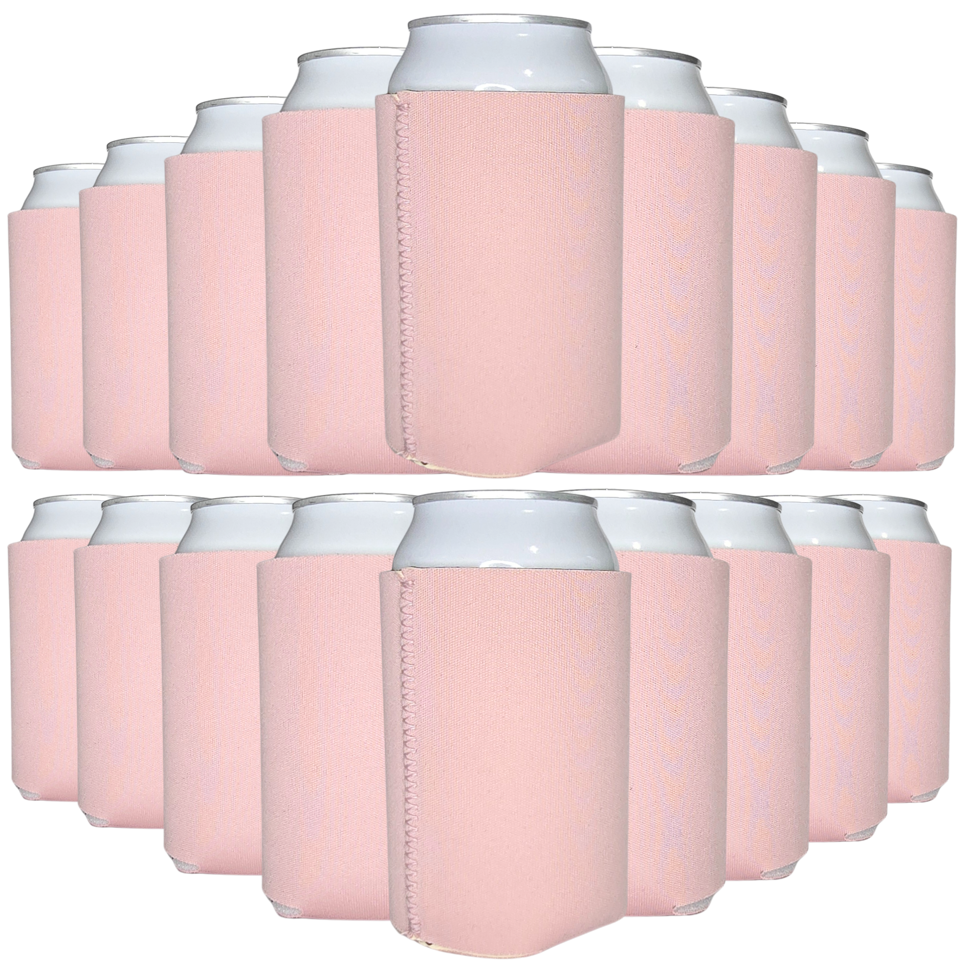 Light pink neoprene can coolers with front sleeve view, set of standard-size holders