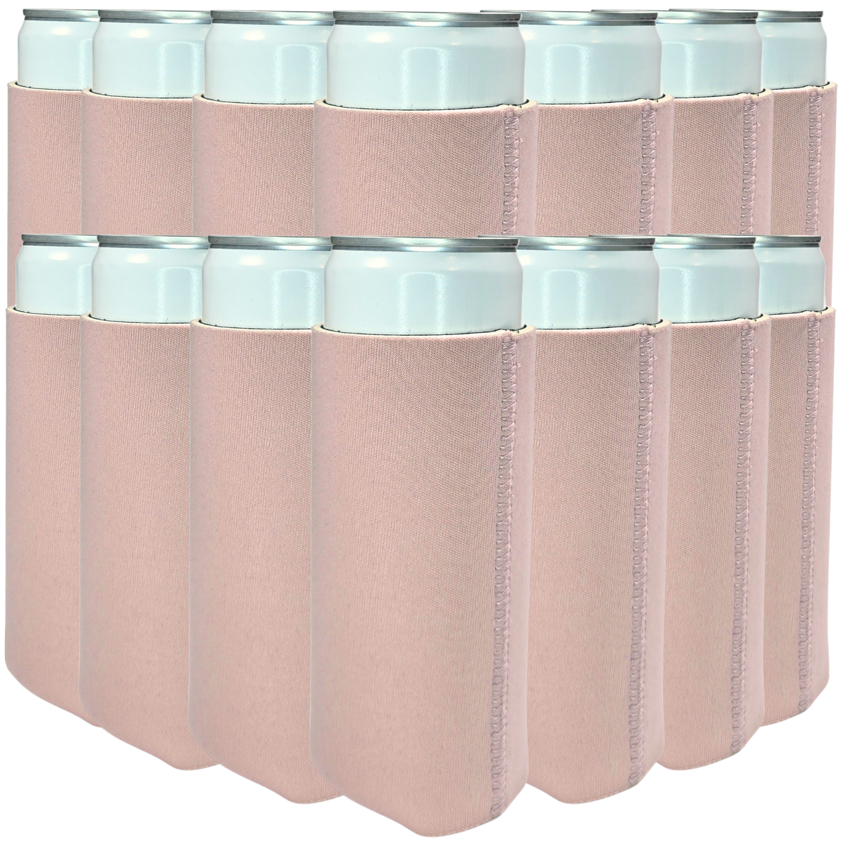 Light tan slim neoprene can cooler with stitched side seam and light top rim