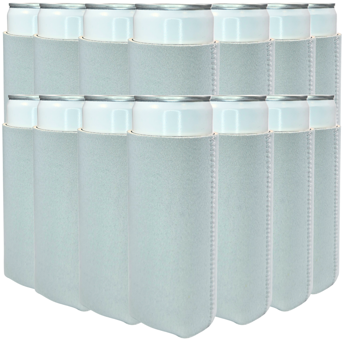 Slim-size neoprene can cooler set, light blue sleeves with white top rings