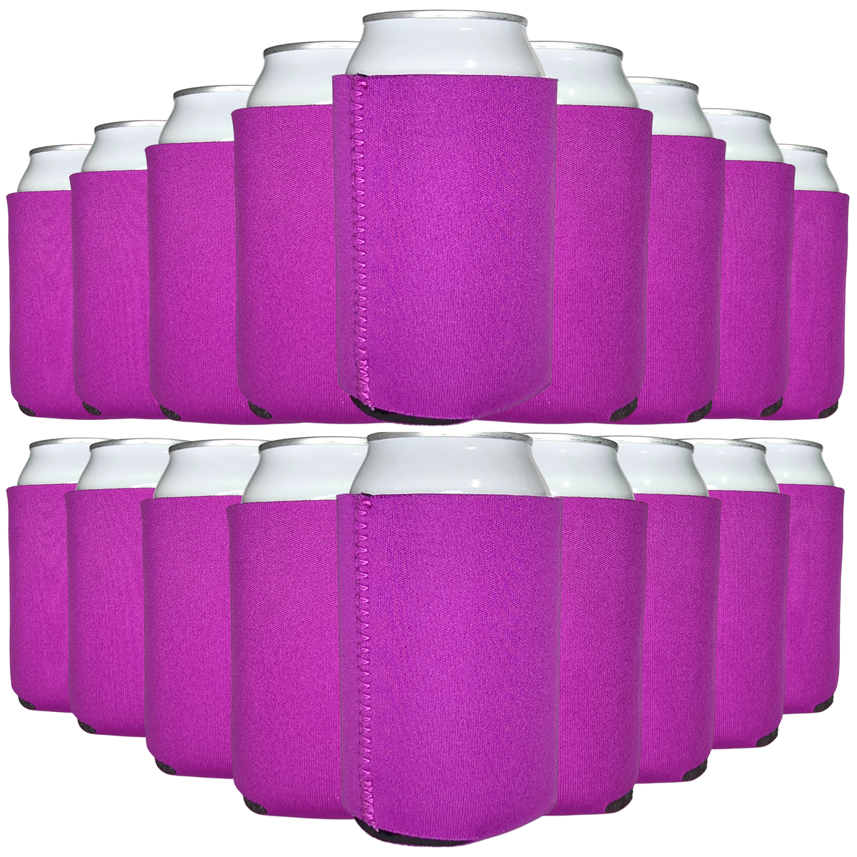 Purple neoprene can cooler sleeve with stitched vertical seam, fits standard cans