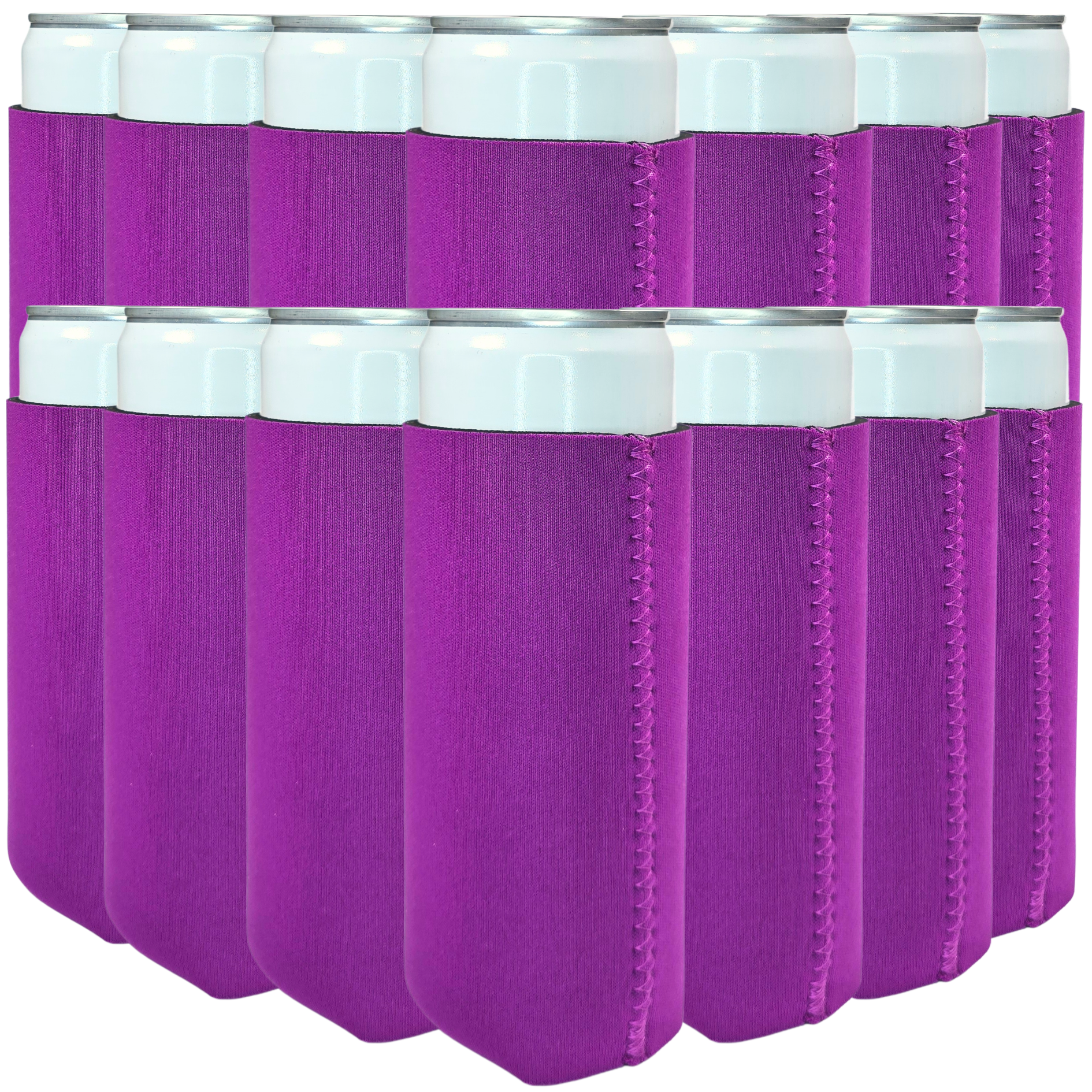 Slim-size neoprene can cooler set, purple sleeves with white top rings