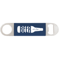 Silicone-wrapped bottle opener with navy strap and white BER / Art's Bar print