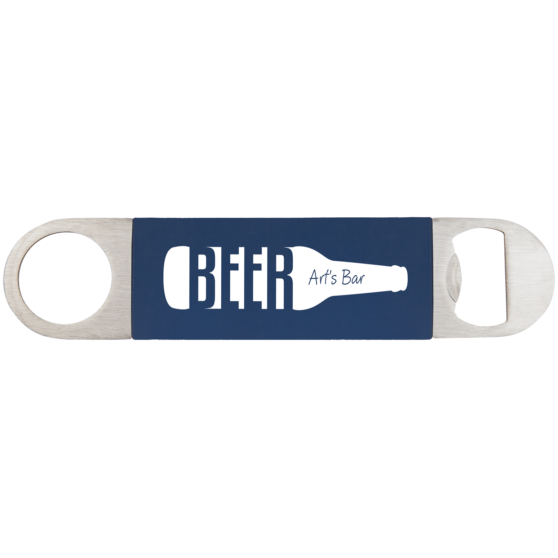 Silicone-wrapped bottle opener with navy strap and white BER / Art's Bar print