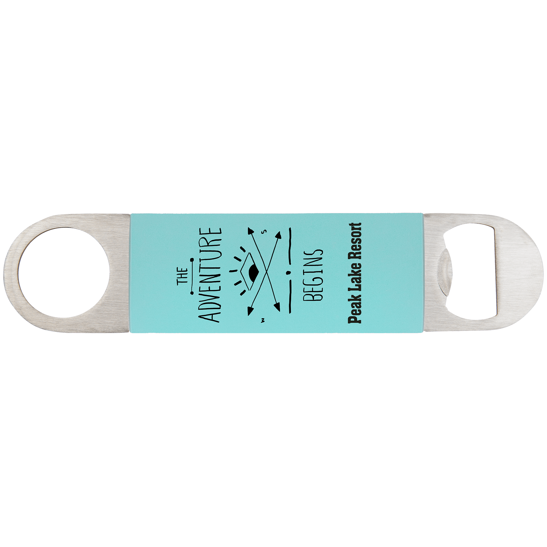 Silicone-wrapped bottle opener with teal strap and black Adventure and Peak Lake Resort print