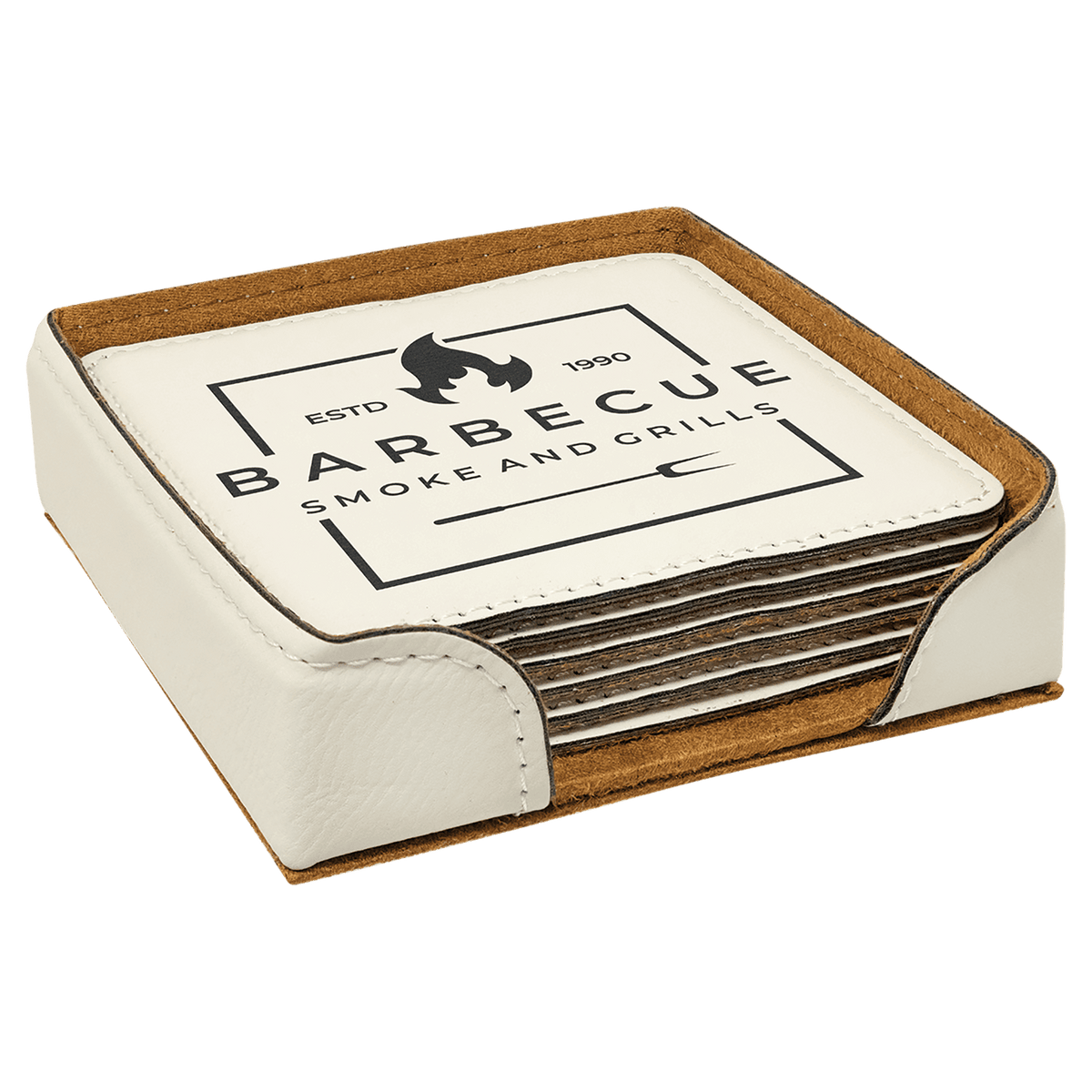 6 square leatherette coasters with grill logo, stacked with brown trim