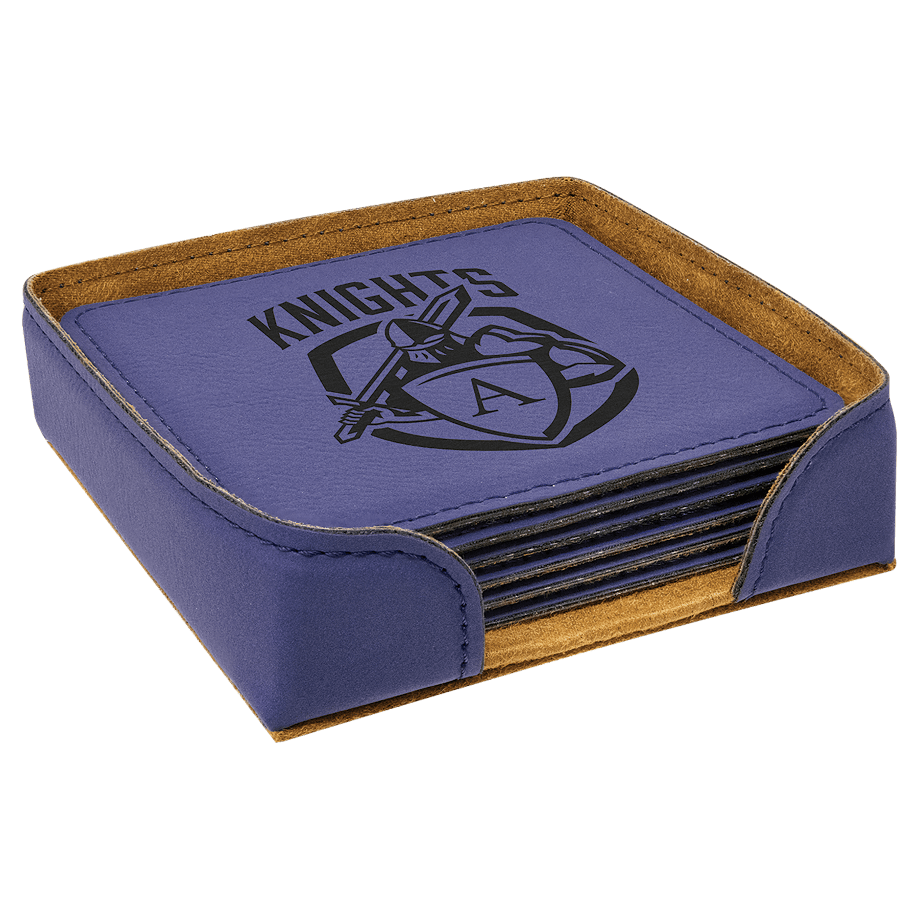 6 square leatherette coasters with knights emblem, stacked in purple