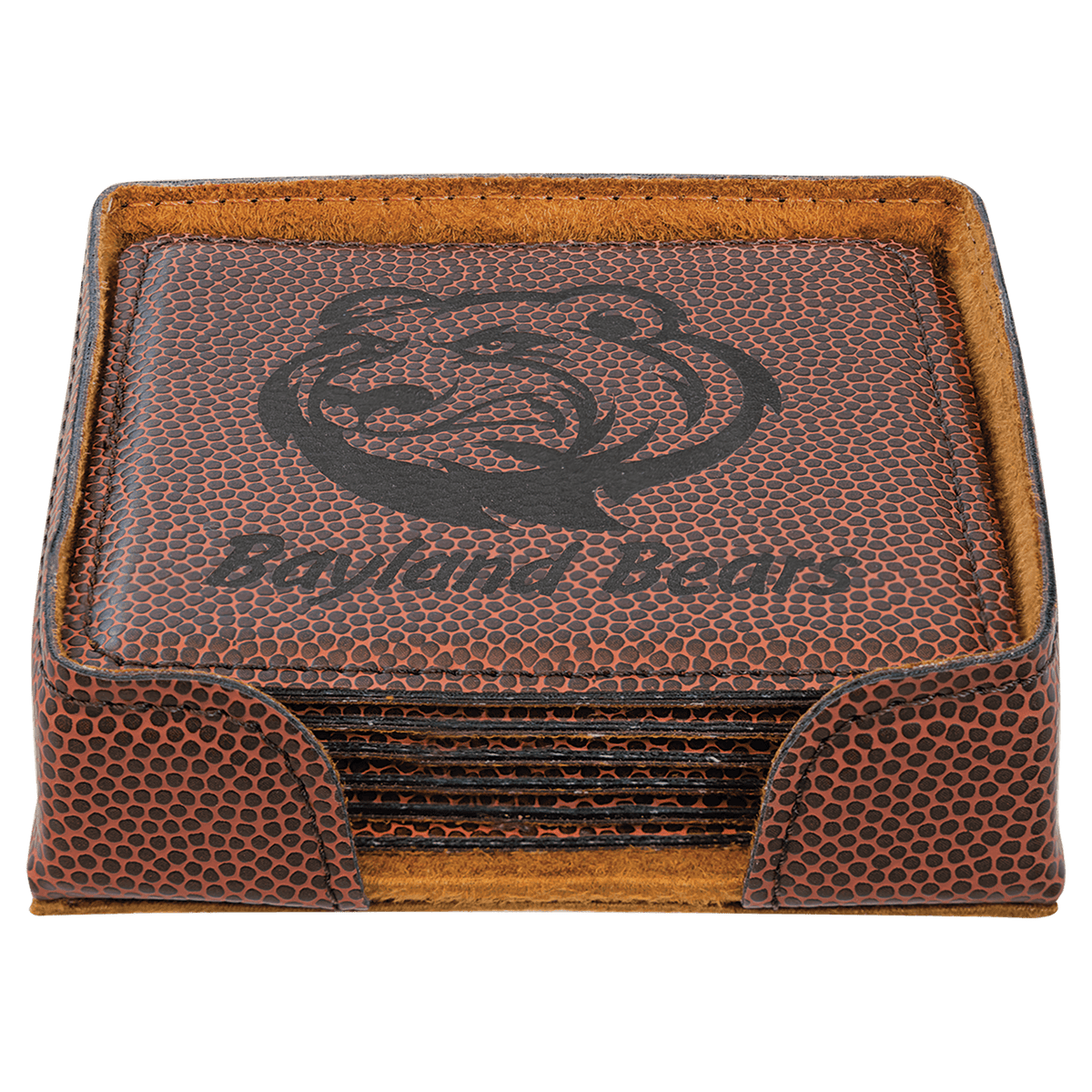 Square laserable leatherette coaster set, orange patterned top with dark etched emblem