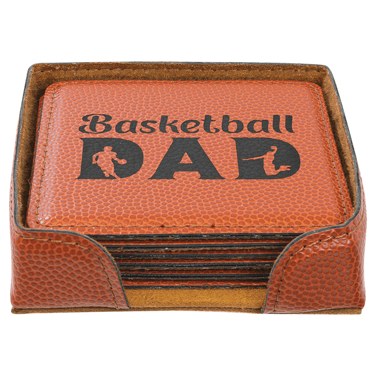 6 square leatherette coasters with basketball logo, stacked set