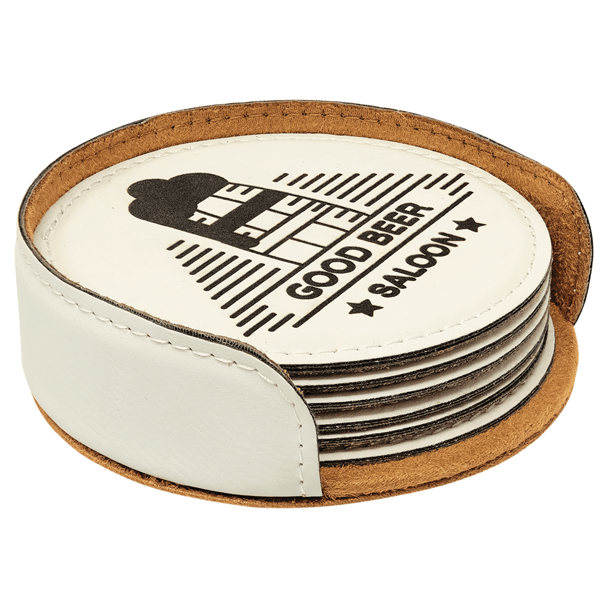 Round leatherette coaster set: 6 stacked round coasters, cream tops with black logo