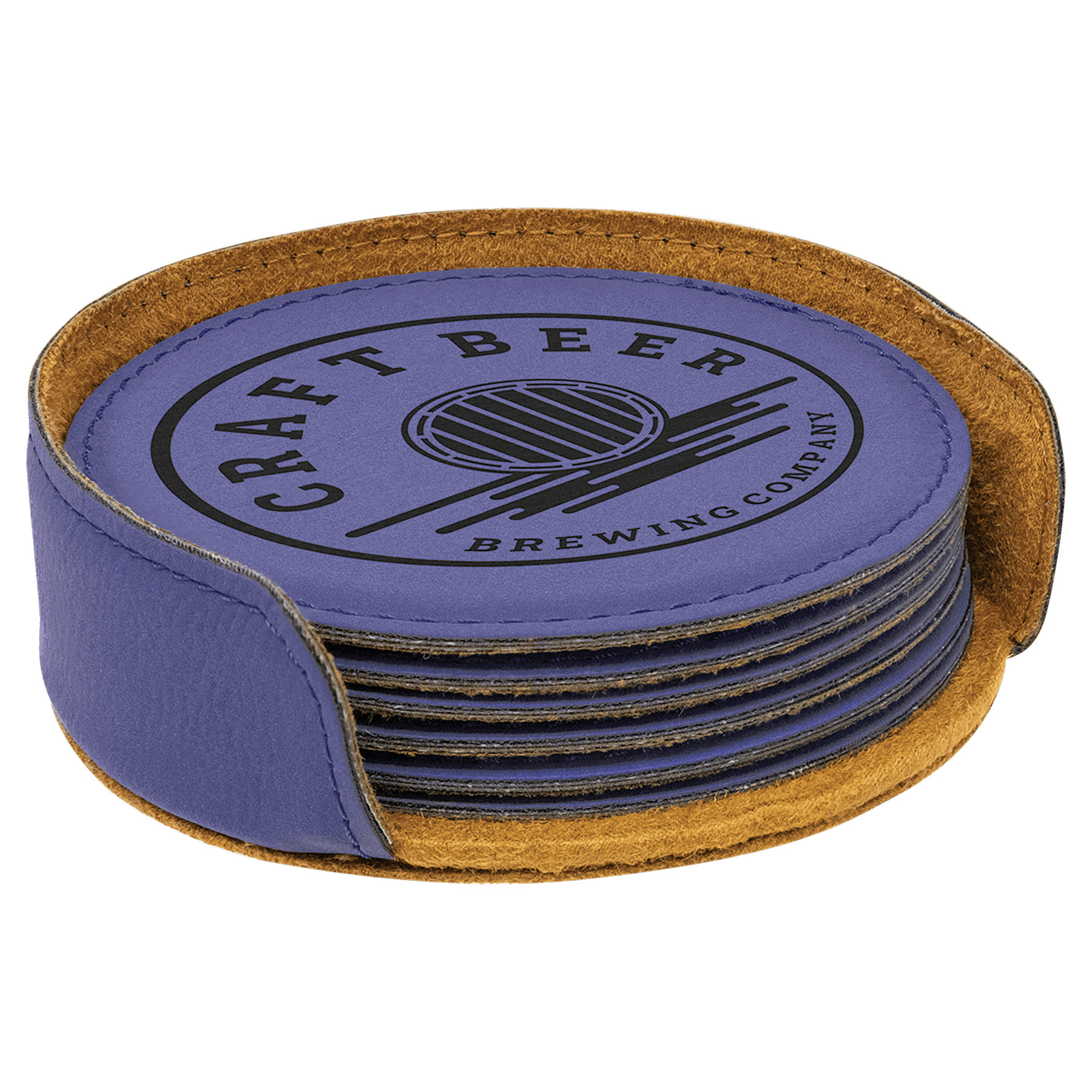 Round leatherette coaster set: 6 stacked round coasters, blue-purple tops with circular logo