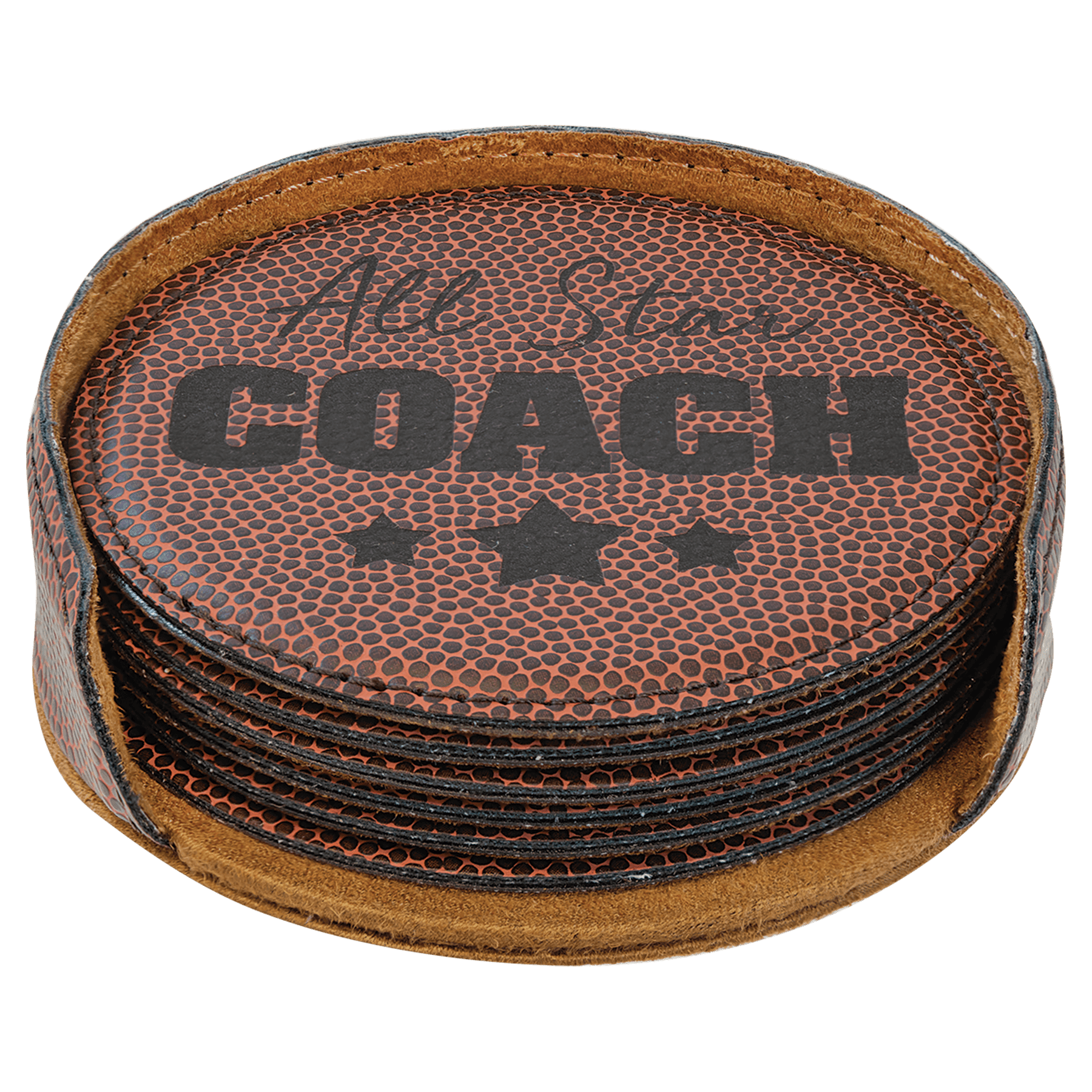 4-inch round laserable leatherette 6-coaster set, orange coasters with COACH graphic