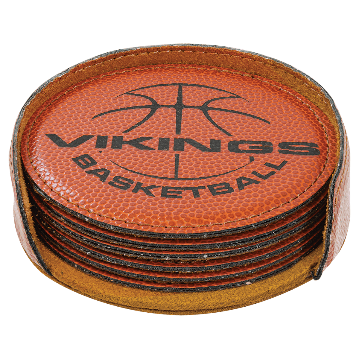 4-inch round laserable leatherette 6-coaster set, orange coasters with basketball and Kings text