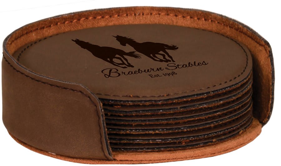 4-inch round laserable leatherette 6-coaster set, stacked brown coasters with logo print