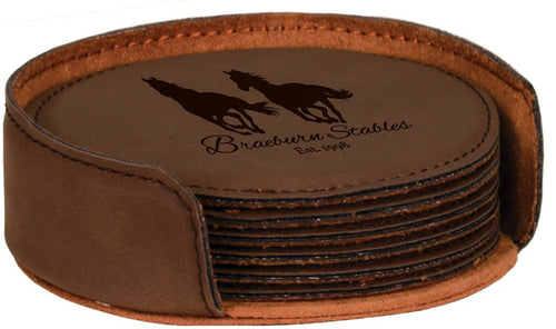 4-inch round laserable leatherette 6-coaster set, stacked brown coasters with logo print
